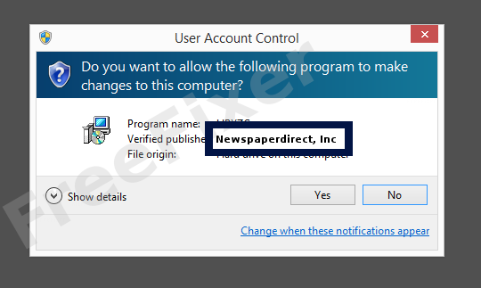 Screenshot where Newspaperdirect, Inc appears as the verified publisher in the UAC dialog